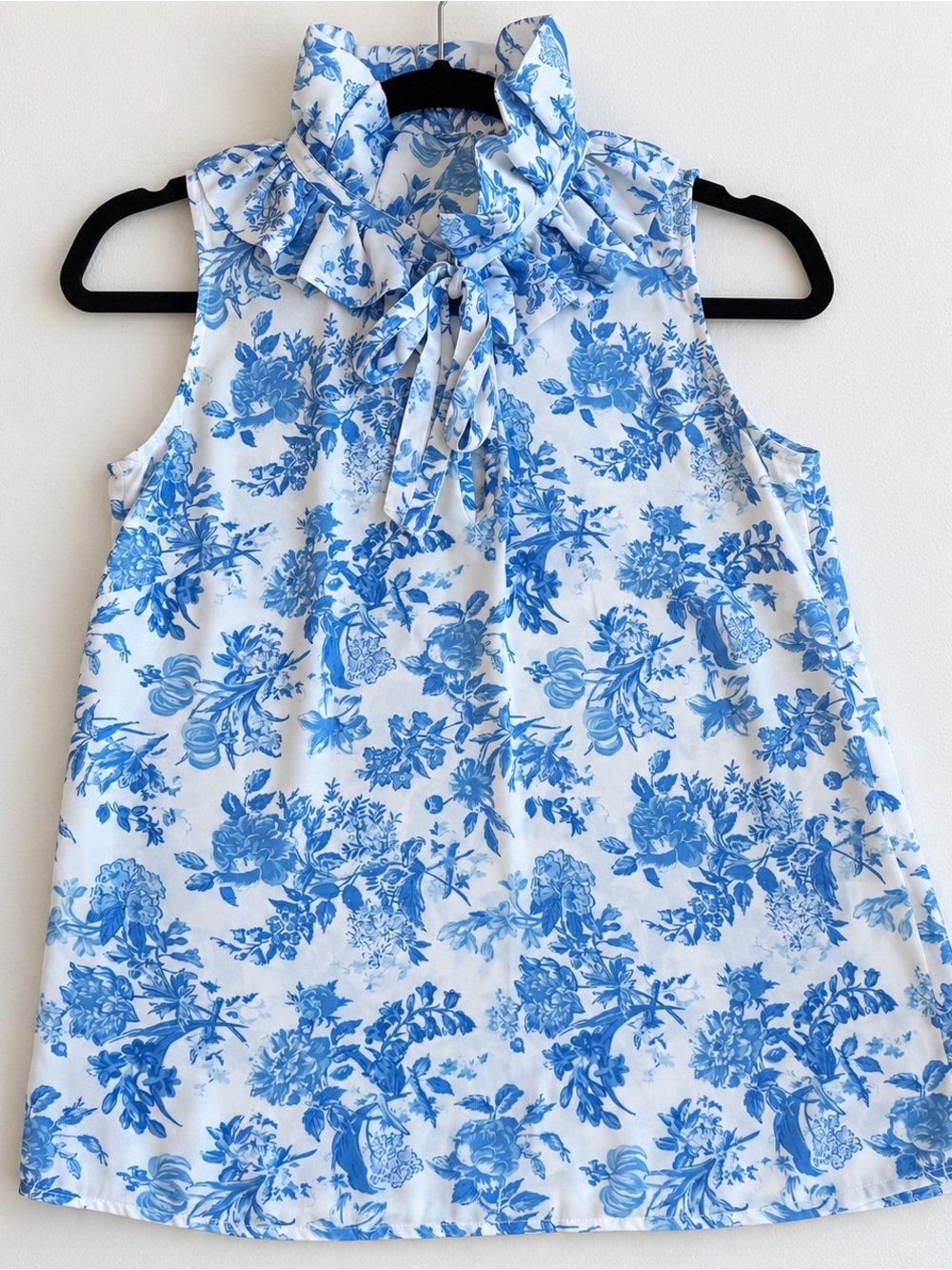 Tuckernuck Blue & White Floral Ruffle Tie-Neck Blouse